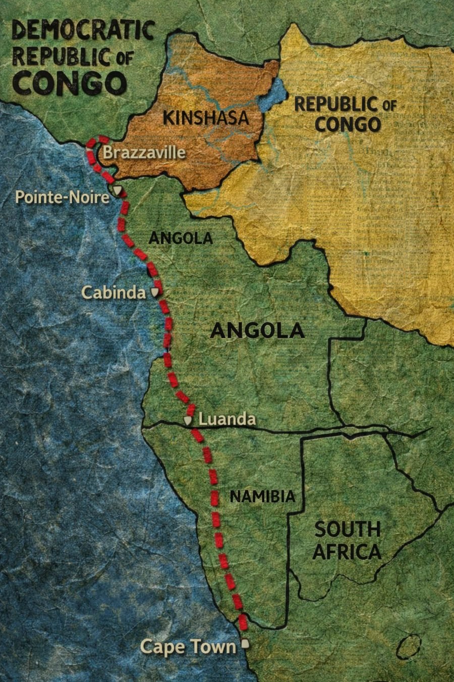 Map showing Mermans' journey from Kinshasa through Angola to Cape Town